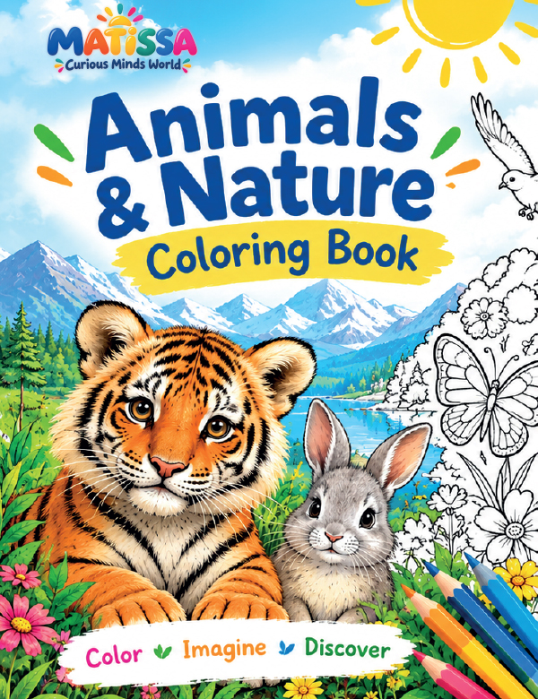 MATISSA kids coloring book cover featuring animals, insects, ocean life and reptiles